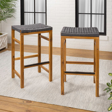 Armand 30" Modern Coastal Backless Acacia Wood Outdoor Bar Stool with Woven Rope Seat